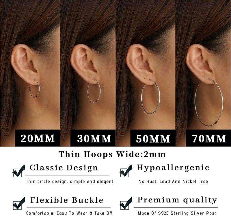 Senteria 2mm Wide 925 Sterling Silver Hoop Earrings for Women Hypoallergenic Lightweight Thin Large Big Gold Plated Hoops Earrings for Women 20/30/50/70MM - Image 4